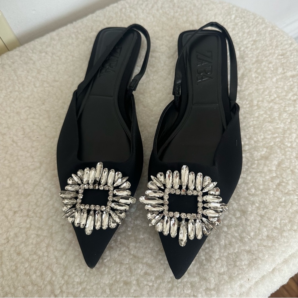 Zara Black Heeled Shoes with Crystal Embellishments